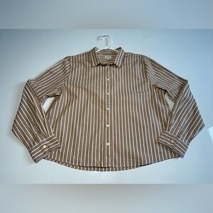 J Crew Womens Large Tan White Striped Button Down Cotton Casual